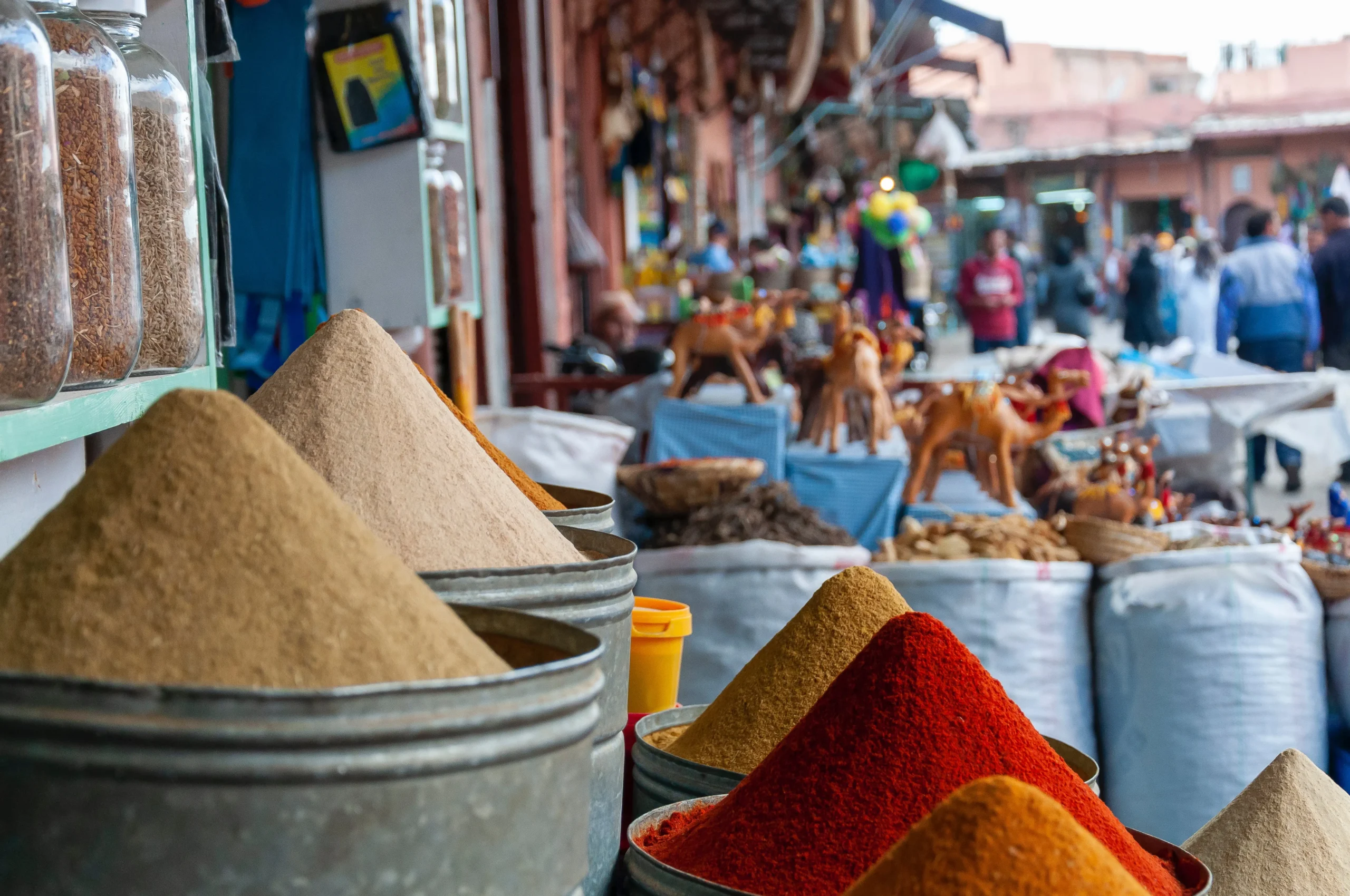 10-day Morocc10-day Morocco tour from Tangier colorful spice market souk with traditional Moroccan spices and herbs tour from Tangier