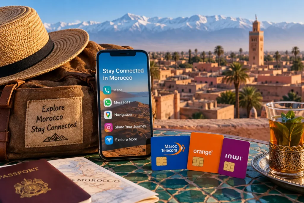 Tourist travel essentials with Morocco SIM cards, smartphone, passport and Marrakech skyline