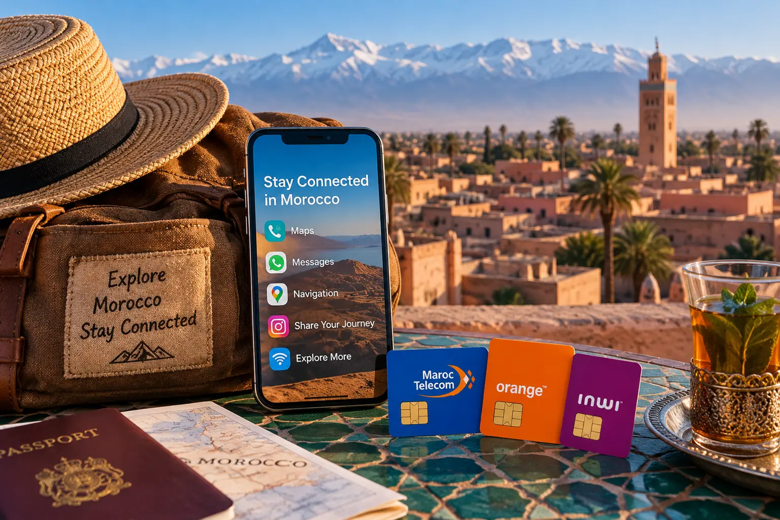 Tourist travel essentials with Morocco SIM cards, smartphone, passport and Marrakech skyline