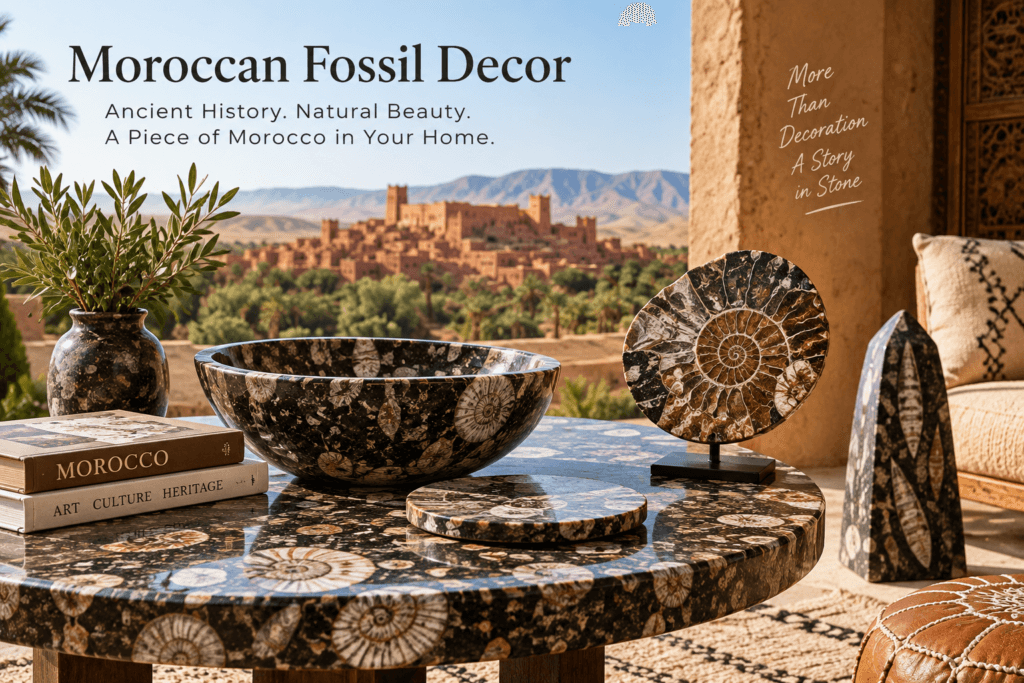 Moroccan fossil decor with ammonite table, bowl and polished fossil stone pieces