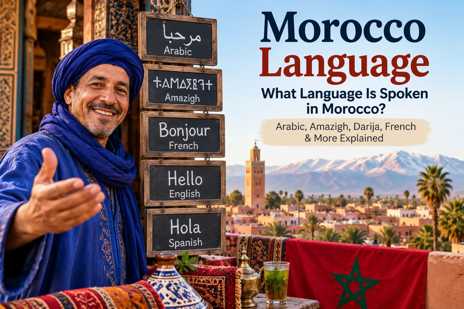 Morocco language guide with a Moroccan man beside Arabic, Amazigh, French, English and Spanish signs