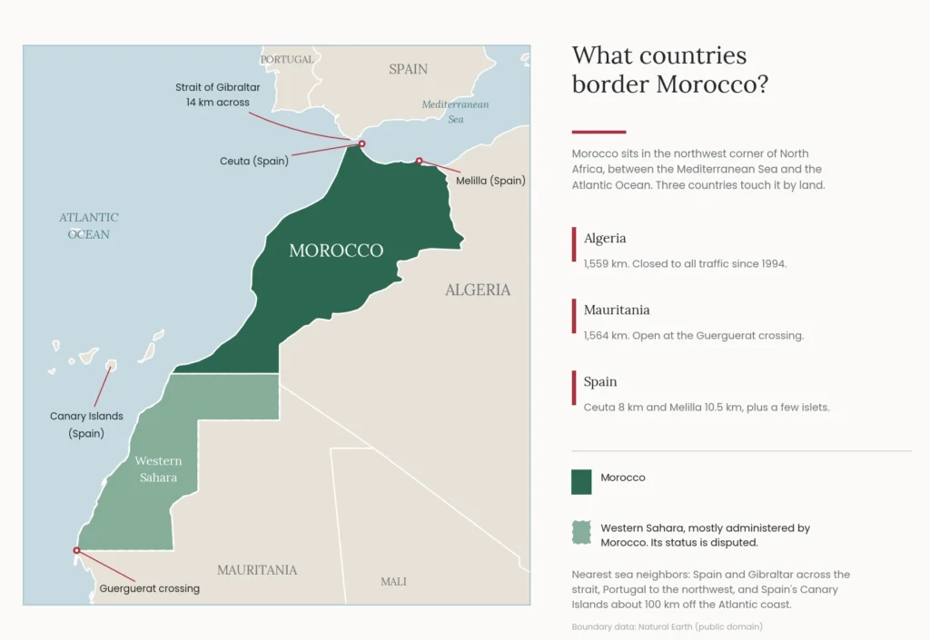 What countries border Morocco: map showing Algeria, Mauritania and Spain