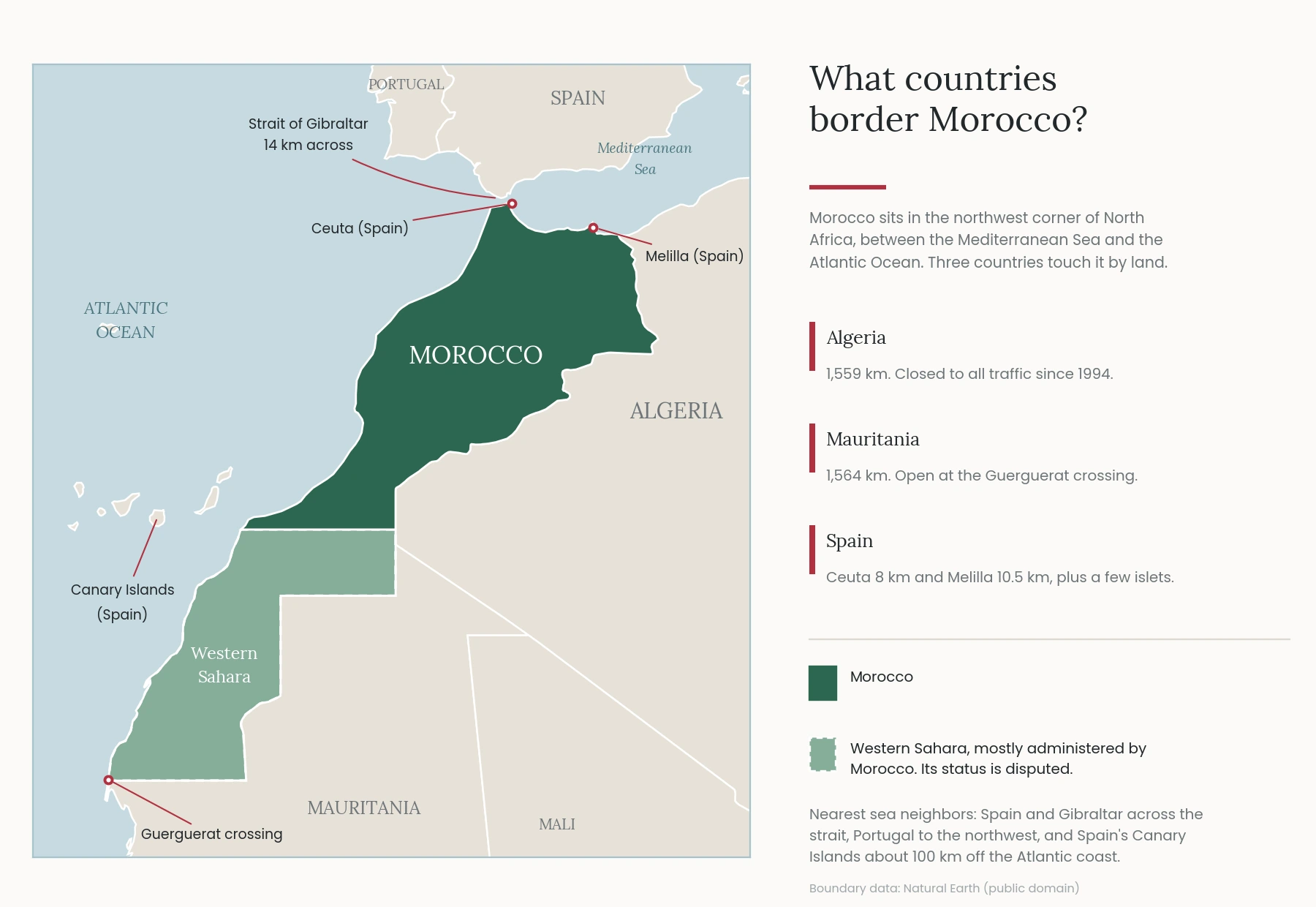 What countries border Morocco: map showing Algeria, Mauritania and Spain
