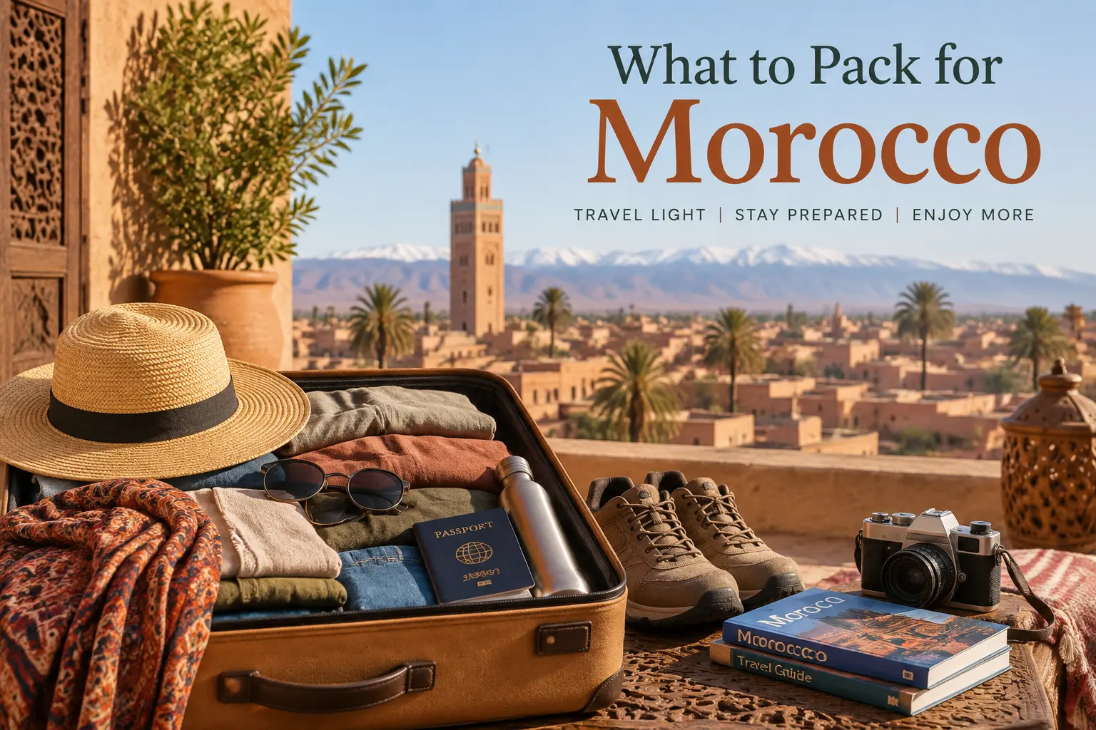 What to pack for Morocco travel with essential clothing, passport, shoes, and travel items