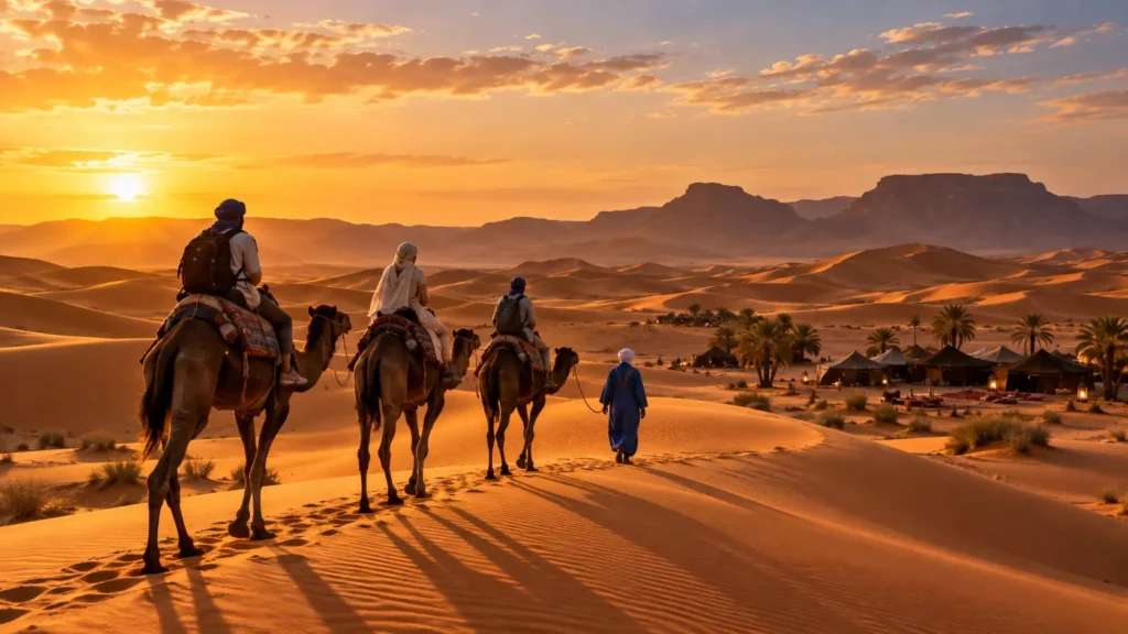 camel-trekking-morocco – a caravan of camels crossing golden Sahara Desert dunes at sunset.