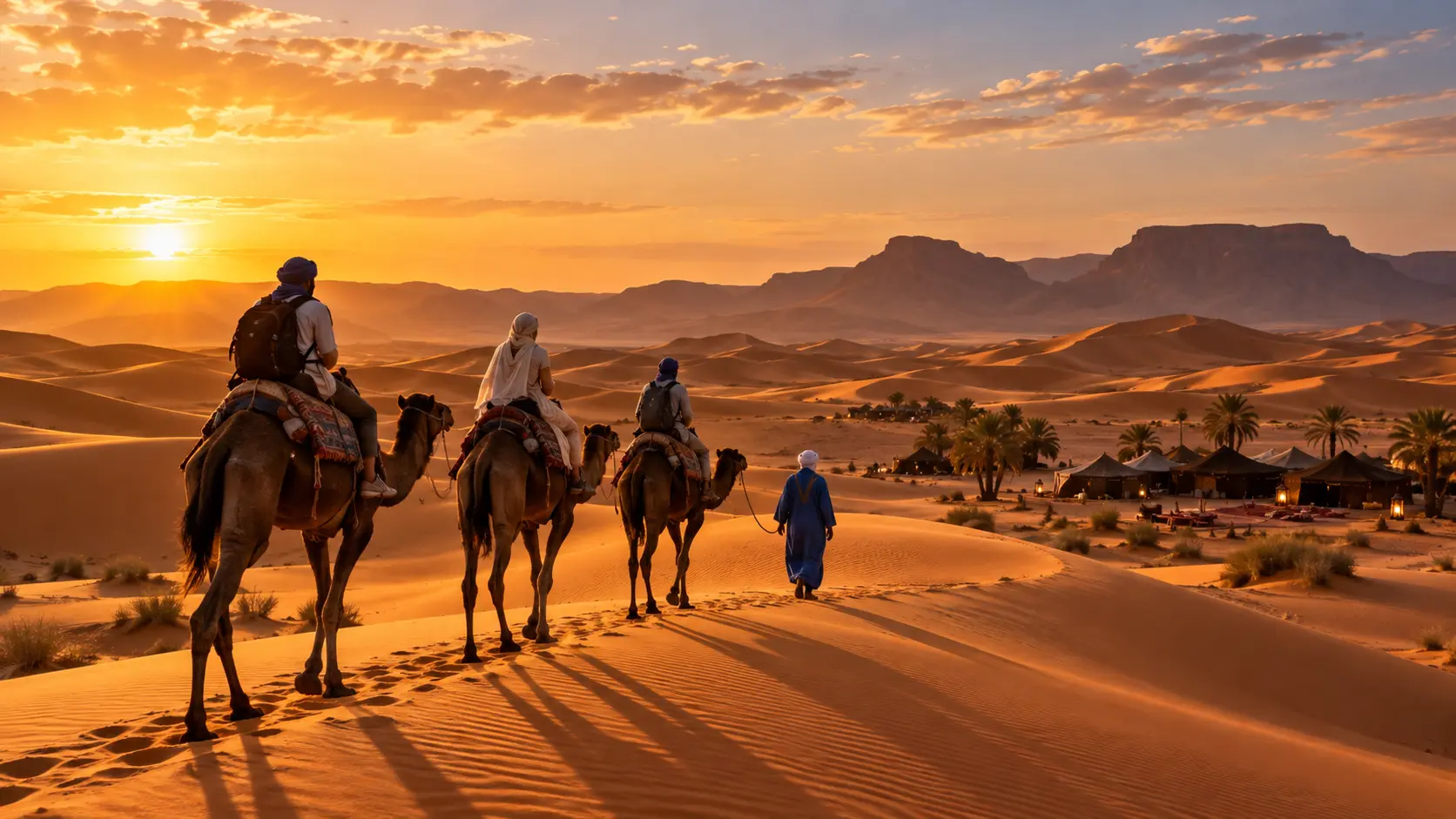 camel-trekking-morocco – a caravan of camels crossing golden Sahara Desert dunes at sunset.