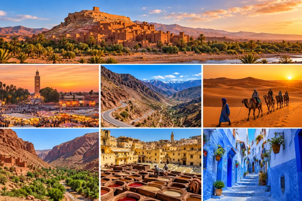 Morocco itinerary 7 days collage showing Marrakech, Ait Ben Haddou, Atlas Mountains, Sahara dunes, Fes and Chefchaouen