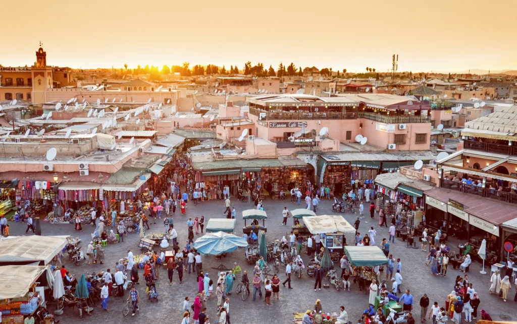 Is Marrakech safe? View of Djemaa el-Fna square and Marrakech Medina in Morocco